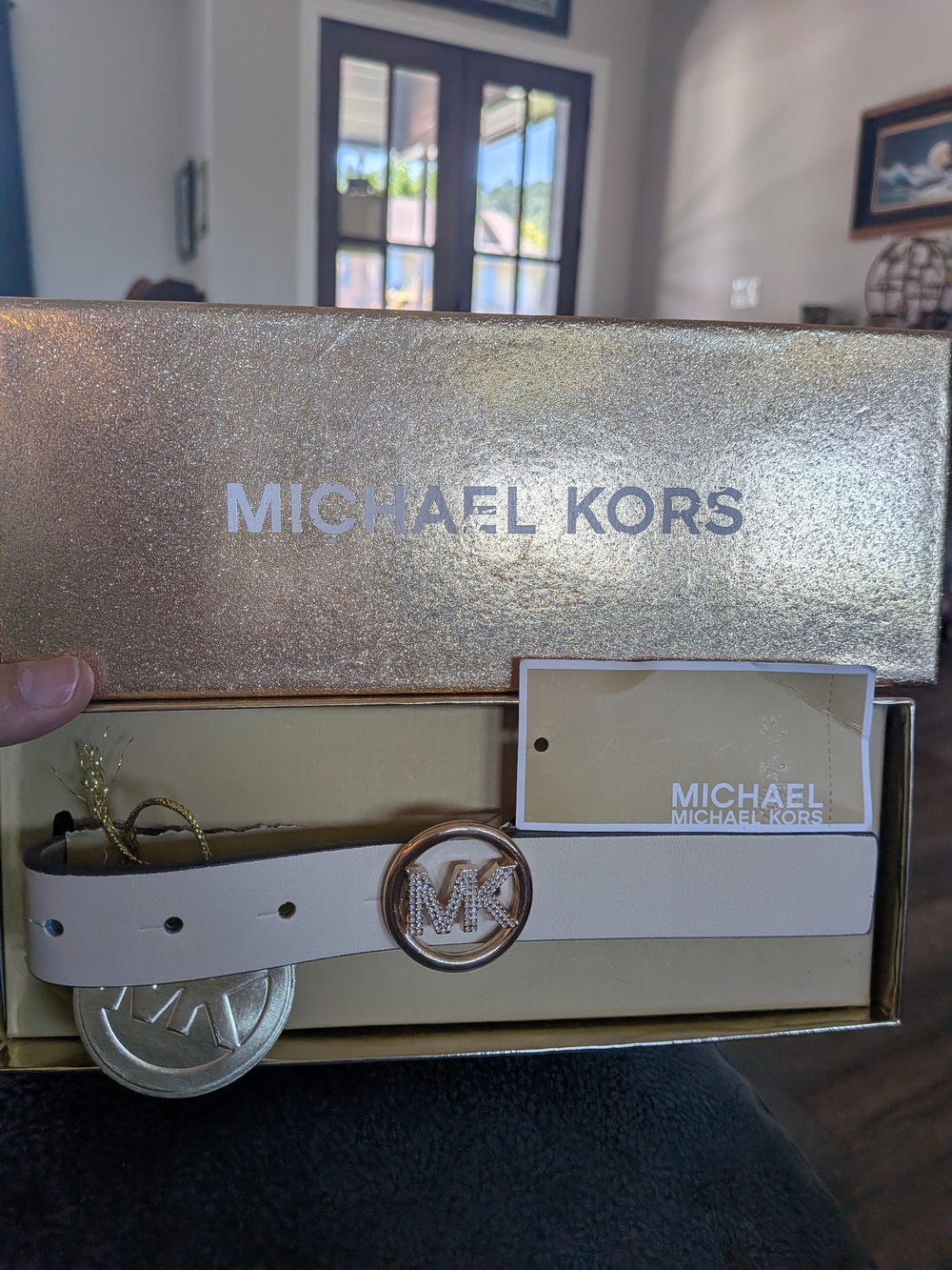 NIB Michael Kors Women's White Leather MK Logo Belt - Gold‎ Buckle